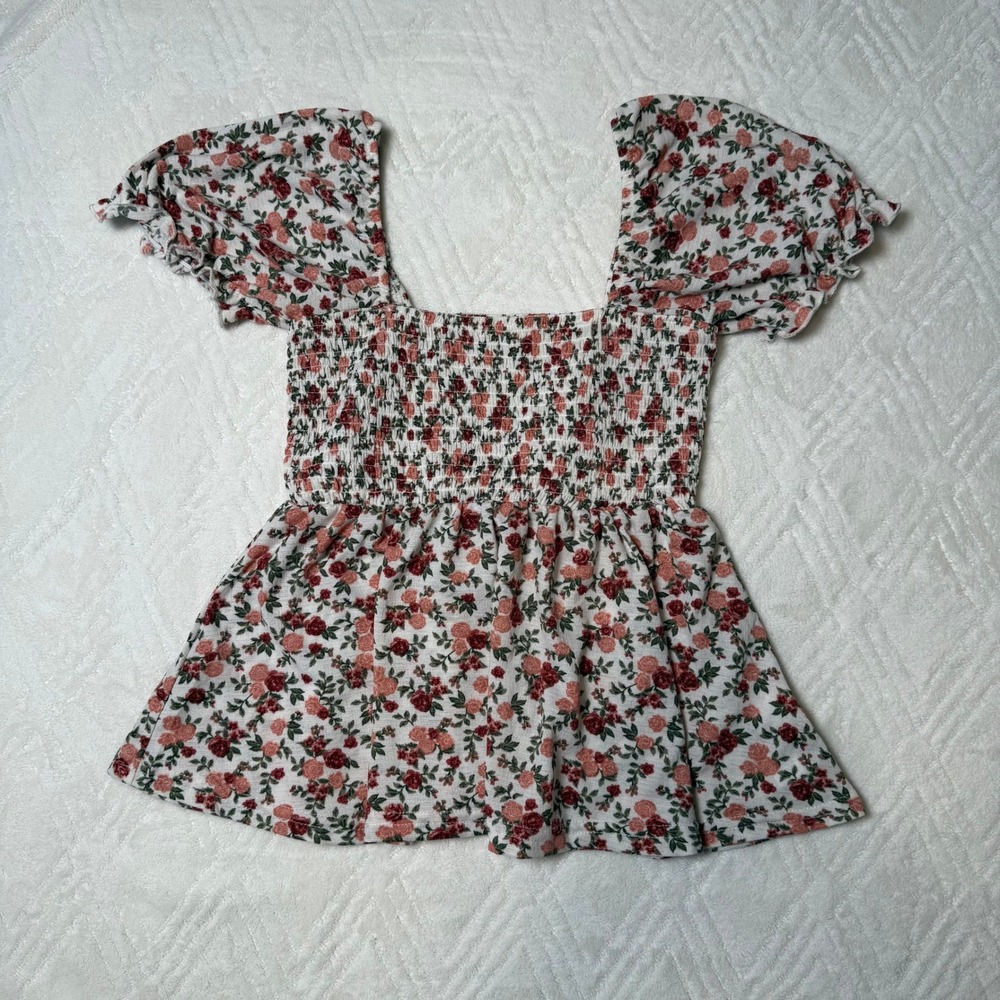 Cottagecore Romantic Jolie & Joy Floral Smocked Peplum Top Girls M Approx 10